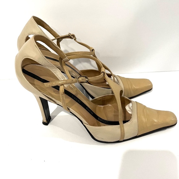 GUCCI Vintage Tan and Cream Leather T-strap High Heel - Size 38 1/2 - Picture 2 of 9